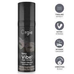Gel Orgie Sexy Vibe High Voltage con iconos grises y escala de intensidad 10