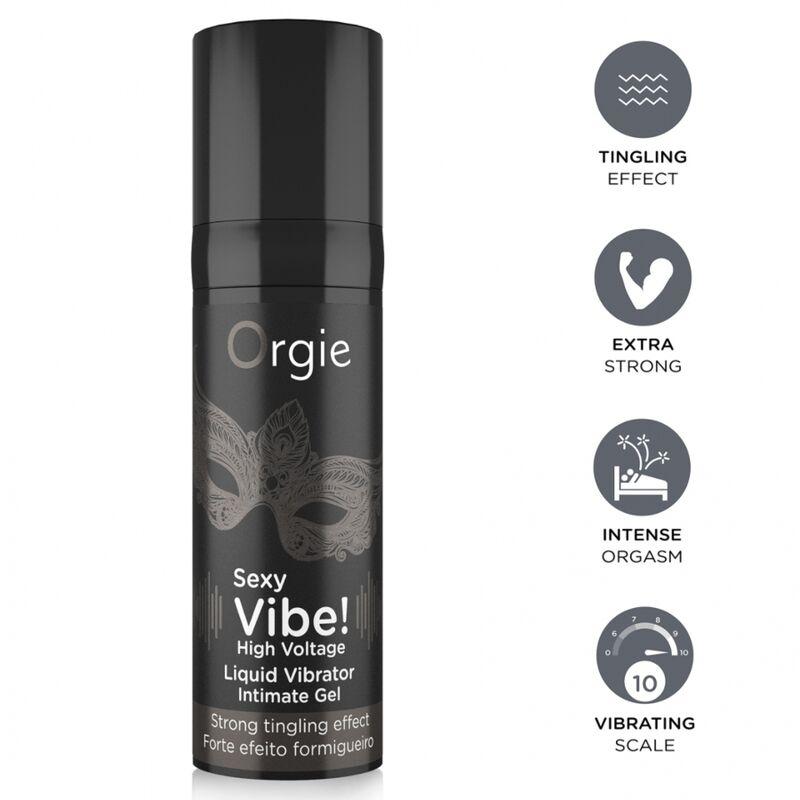 Gel Orgie Sexy Vibe High Voltage con iconos grises y escala de intensidad 10
