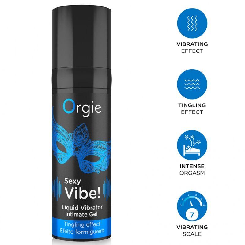 Gel Orgie Sexy Vibe con antifaz azul e iconos azules de intensidad 7