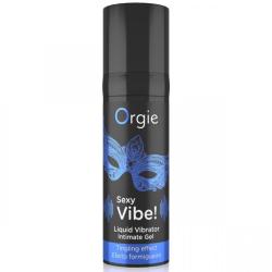Vista frontal del frasco negro Orgie Sexy Vibe con etiqueta azul