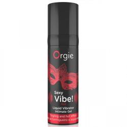 Vista frontal del gel Orgie Sexy Vibe Hot en frasco negro con antifaz rojo
