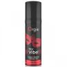 Vista frontal del gel Orgie Sexy Vibe Hot en frasco negro con antifaz rojo