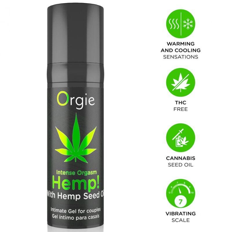 Orgie Hemp! Intense Orgasm con hoja verde en el envase e iconos de intensidad 7
