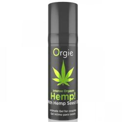 Vista frontal del frasco negro Orgie Hemp! Intense Orgasm con una hoja verde
