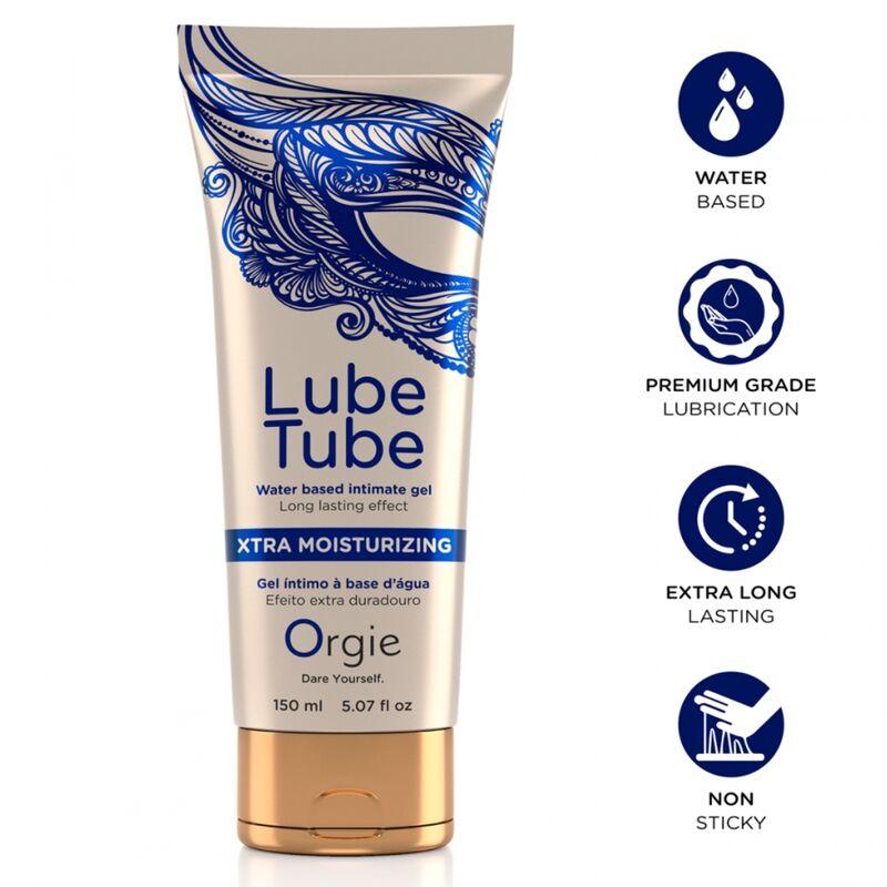 Orgie Lube Tube Xtra Moisturizing 150 ml: tubo con detalles azules e iconos informativos
