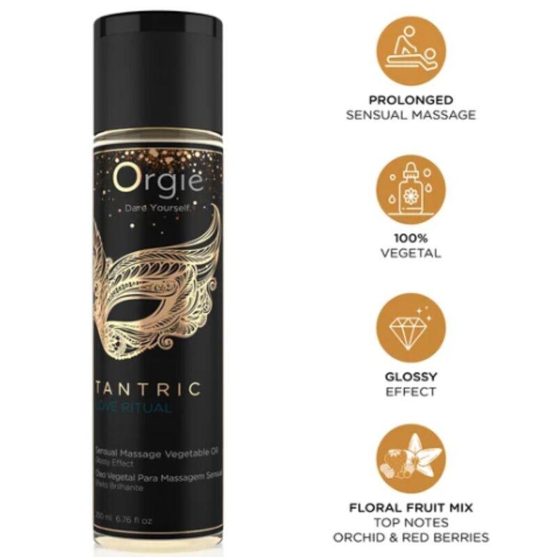 Orgie Tantric Love Ritual 200 ml: frasco e información del aceite de masaje