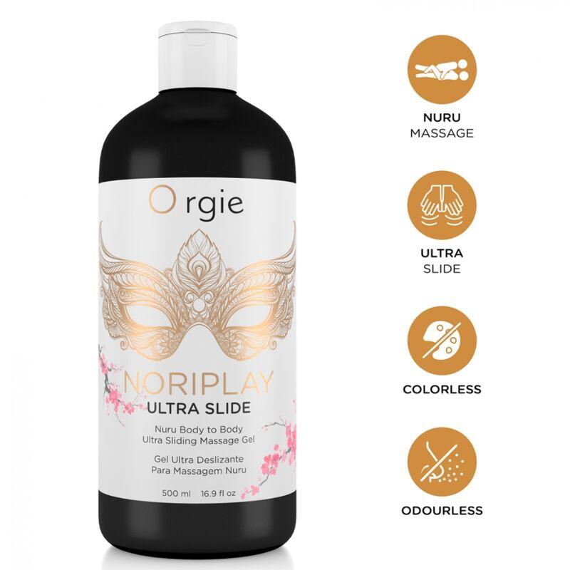 Orgie Noriplay Ultra Slide 500 ml, botella con iconos informativos