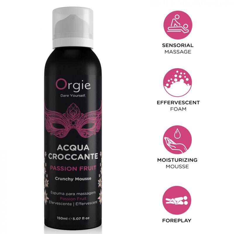 Orgie Acqua Croccante Maracuyá 150 ml, aerosol con iconos informativos