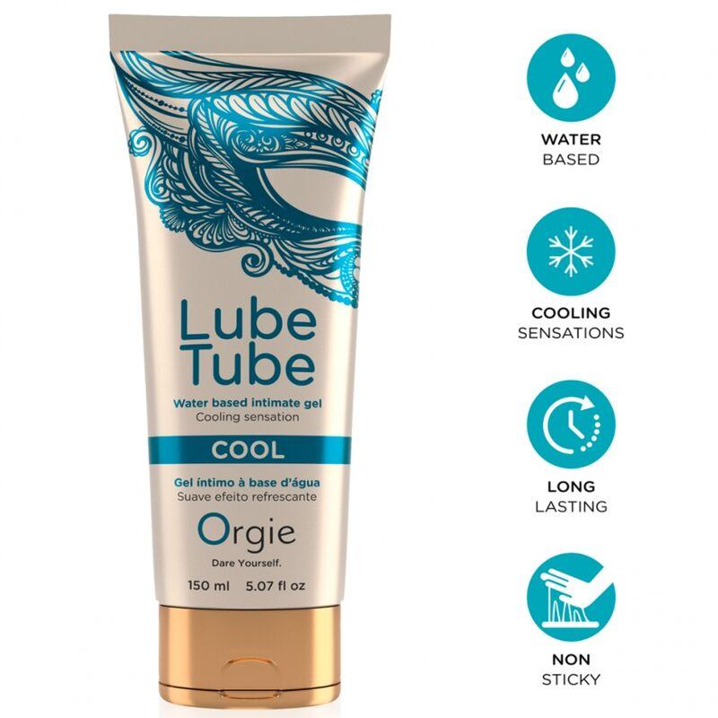 Orgie Lube Tube Cool 150 ml, tubo con iconos informativos azules
