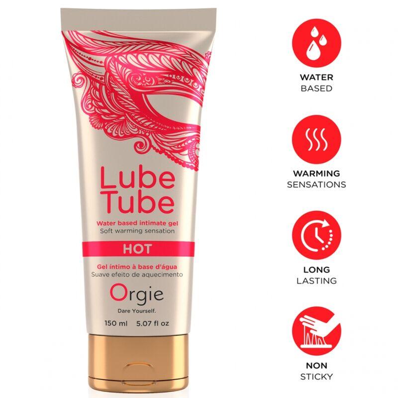 Orgie Lube Tube Hot 150 ml, tubo con iconos informativos rojos