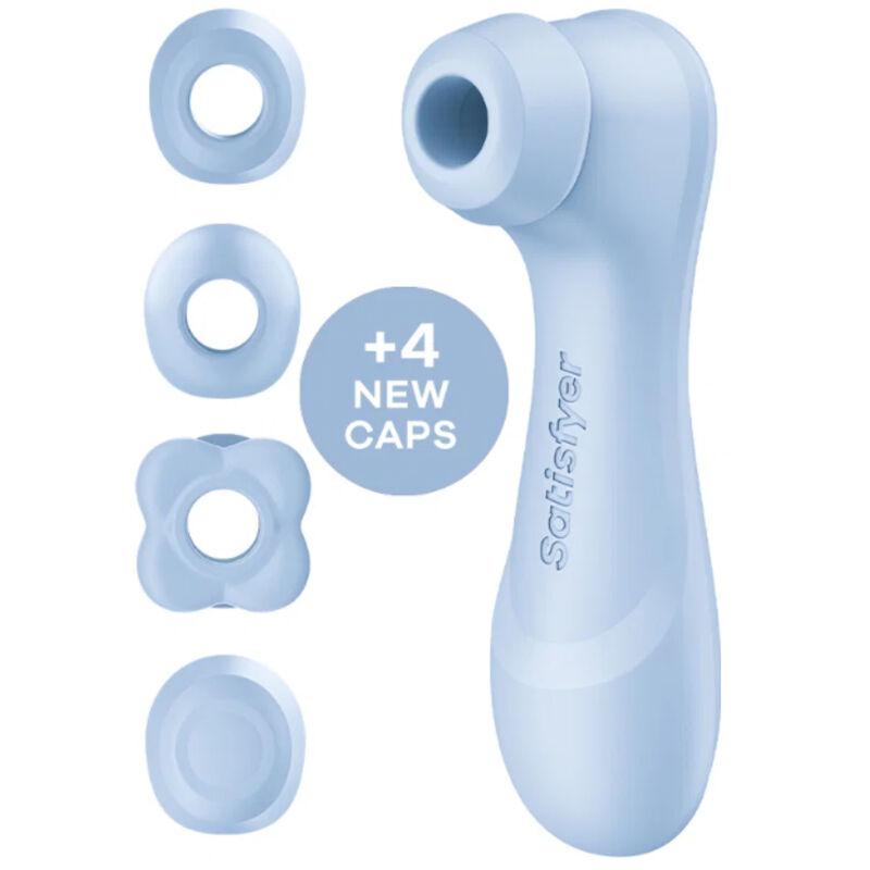 Satisfyer Pro 2 Generation 4 azul sereno con sus cuatro cabezales