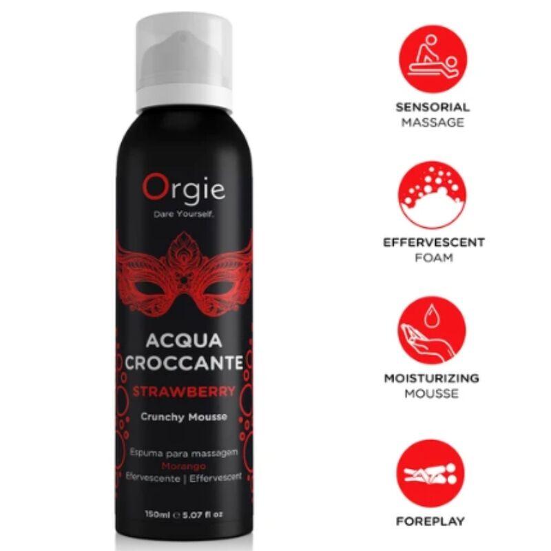 Orgie Acqua Croccante fresa 150 ml con iconos informativos