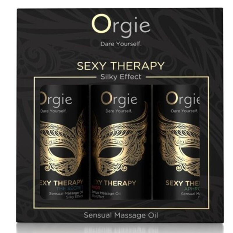 Caja Orgie Sexy Therapy Mini Size Collection con tres aceites de 30 ml