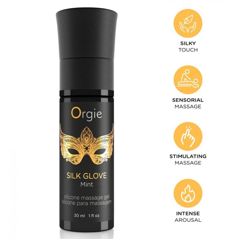Gel Orgie Silk Glove 30 ml del kit Pearls Lust Massage con iconos informativos