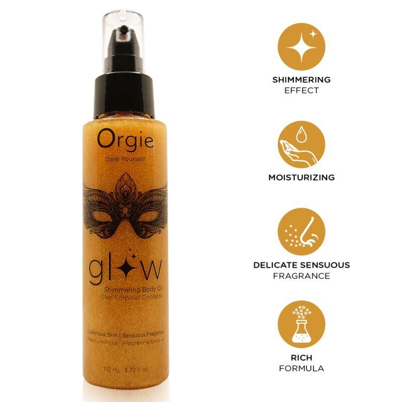 Aceite corporal Orgie Glow 110 ml con iconos informativos