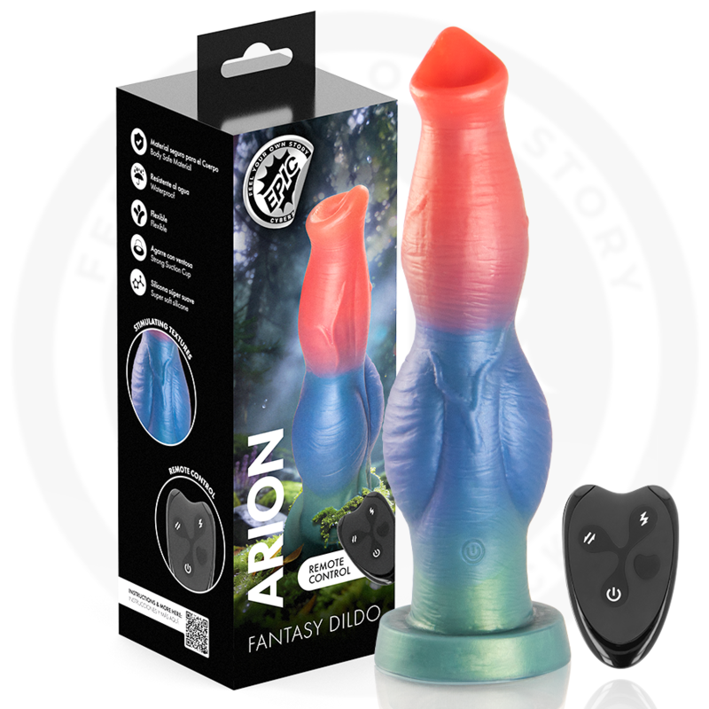 Epic Arion, dildo de fantasía recargable con control remoto, junto a su caja