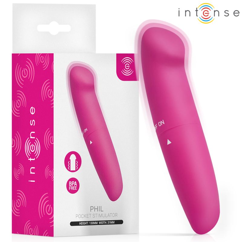 Vibrador Intense Phil rosa junto a su caja