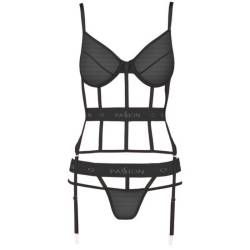 Corsé Passion Kyouka con ligas y tanga en negro, sin modelo, de frente