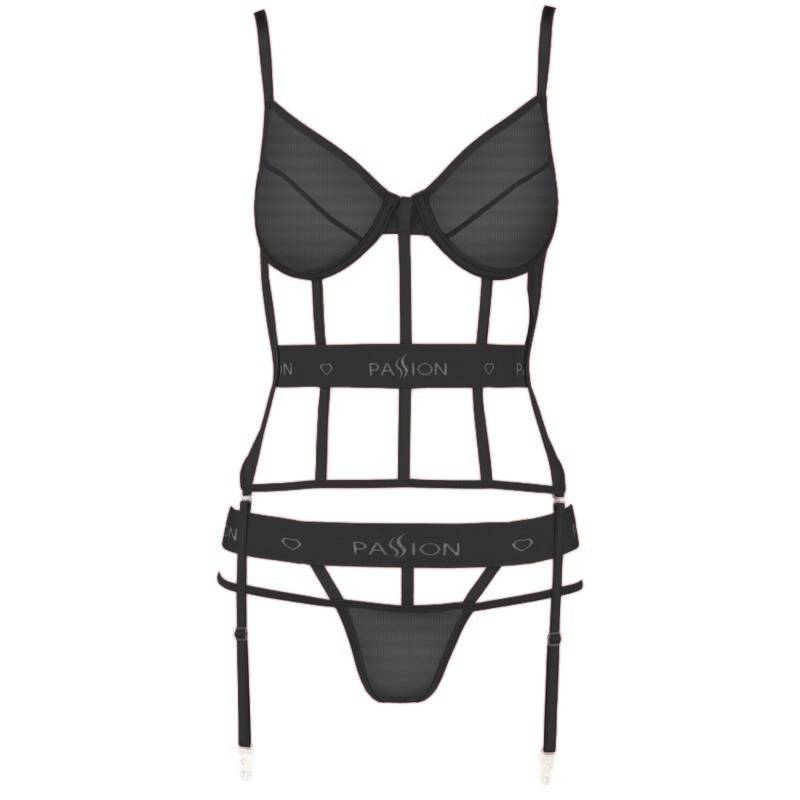 Corsé Passion Kyouka con ligas y tanga en negro, sin modelo, de frente