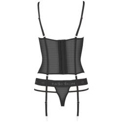 Corsé Passion Kyouka con ligas y tanga en negro, sin modelo, de espaldas
