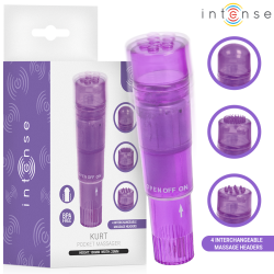 Mini masajeador Intense Kurt lila junto a su caja y tres de sus cabezales intercambiables
