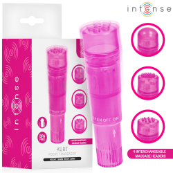 Mini masajeador Intense Kurt rosa junto a su caja y tres de sus cabezales intercambiables