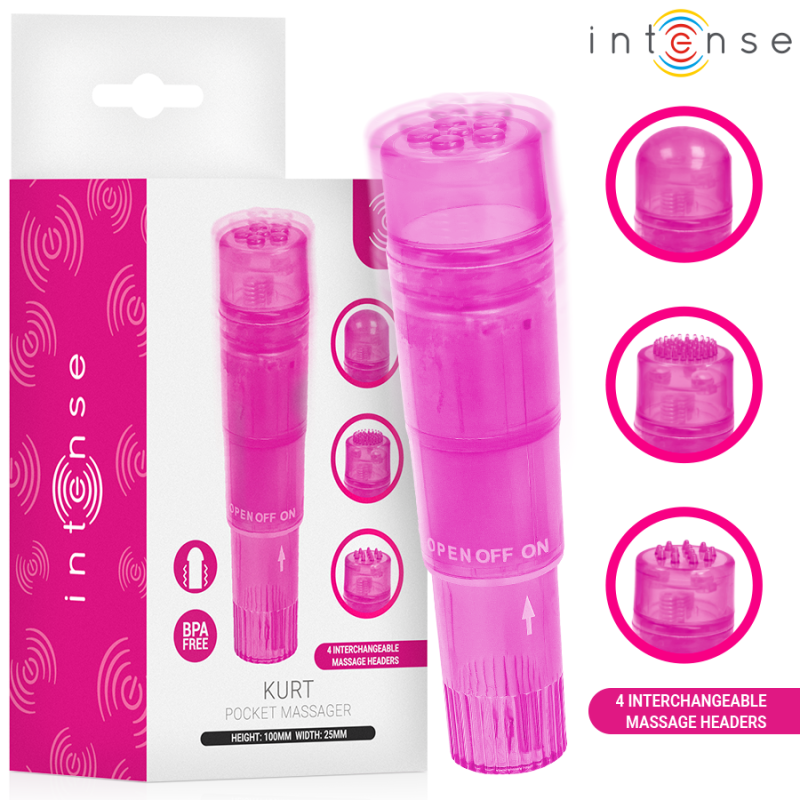 Mini masajeador Intense Kurt rosa junto a su caja y tres de sus cabezales intercambiables