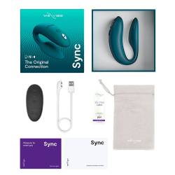 Contenido de la caja del We-Vibe Sync 2 verde terciopelo: vibrador, mando, cable, lubricante y bolsa