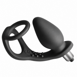 Rocks-Off Ro-Zen negro de perfil: doble anillo, puente con relieves y plug fino con la bala plateada