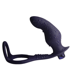 Rocks-Off Nova Zenturian azul oscuro de perfil con gotas de agua: plug curvo y anillos para pene