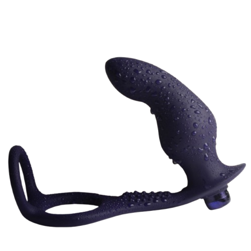 Rocks-Off Nova Zenturian azul oscuro de perfil con gotas de agua: plug curvo y anillos para pene