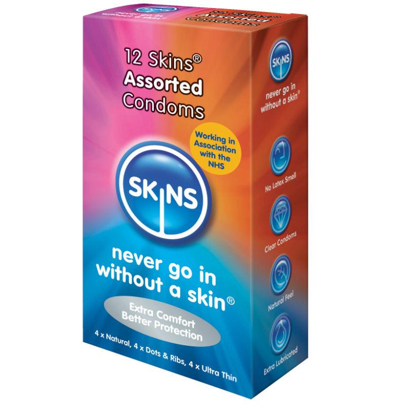 Skins preservativos natural + fino + puntos & estrias 12 uds