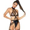Teddy arnés Leg Avenue negro con tiras y cuello halter, plano medio