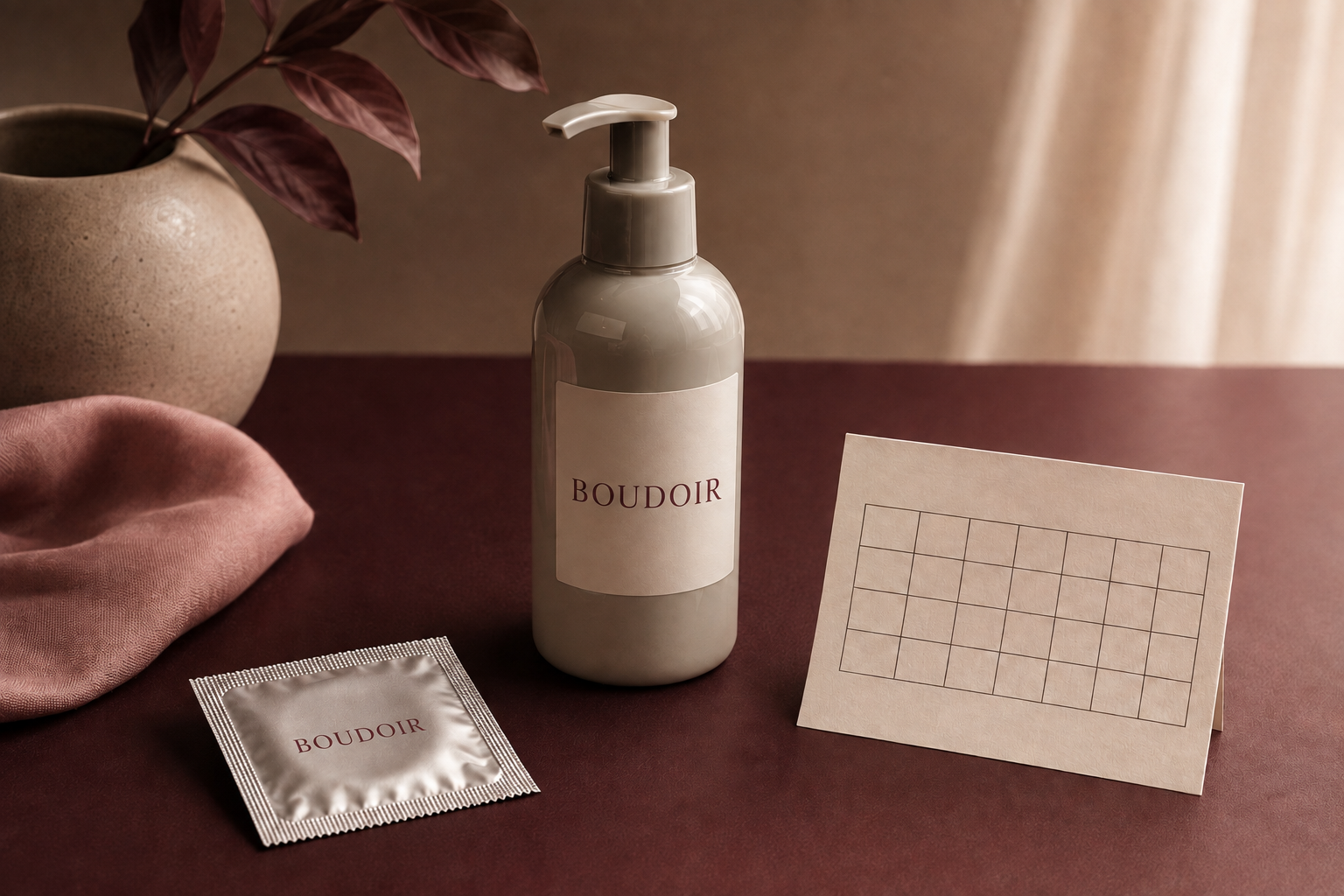 Envoltorio cerrado de preservativo y lubricante sobre un fondo burdeos