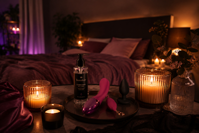 Habitación acogedora con velas, sugiriendo un momento de relax para usar juguetes eróticos