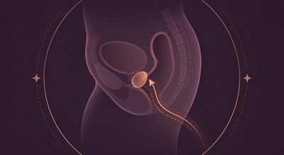 Ilustración lateral de la pelvis masculina con la próstata destacada y dirección de estimulación