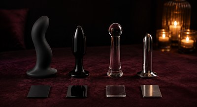 Muestras genéricas de material flexible, plástico rígido, vidrio y metal sobre una superficie burdeos
