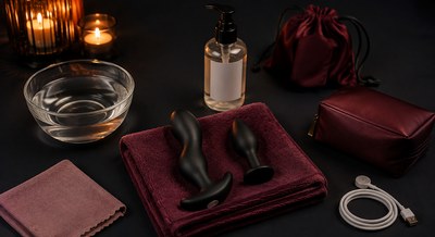 Juguetes genéricos junto a un paño, jabón suave, una bolsa de tela y un estuche de almacenamiento