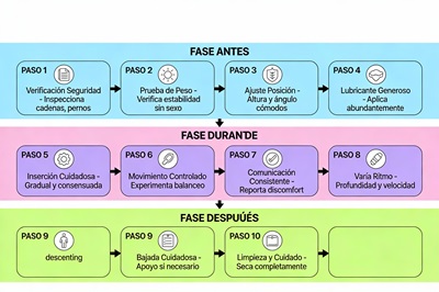 10 pasos en 3 fases (Antes, Durante, Después): Verificación → Uso → Limpieza. Con iconos y flechas progresivas