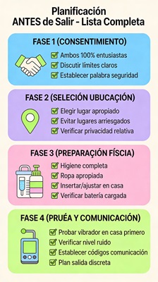 4 fases con checkboxes: Consentimiento, Selección ubicación, Preparación física, Prueba y comunicación. Tipo app moderna