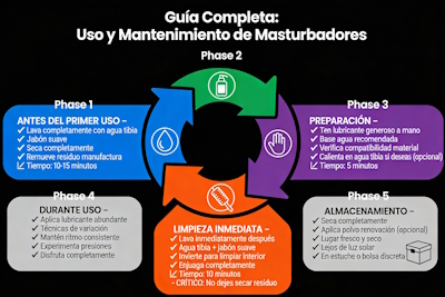 5 fases en ciclo: Antes primer uso, Preparación, Durante uso, Limpieza inmediata, Almacenamiento. Con acciones específicas y tiempos.
