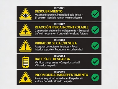 5 riesgos con advertencias y soluciones: Descubrimiento, Reacción incontrolable, Vibrador cae, Batería, Incomodidad