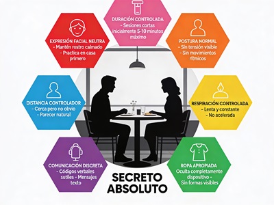 7 Técnicas de Discreción" con iconografía: expresión facial neutra, postura normal, respiración controlada, ropa apropiada, distancia del controlador, comunicación discreta, duración controlada