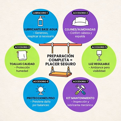 7 accesorios alrededor de centro: Lubricante, Cojines, Toallas, Protecciones, Luz, Señal seguridad, Kit mantenimiento