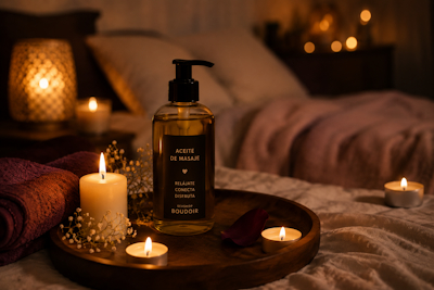 Aceite de masaje en un ambiente íntimo con velas y luz cálida