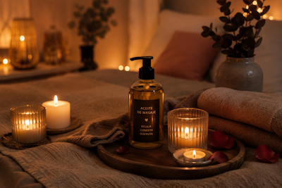 Ambiente íntimo con velas, aceite de masaje y luz cálida