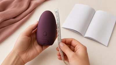 Manos midiendo con una cinta métrica un dispositivo morado con botón