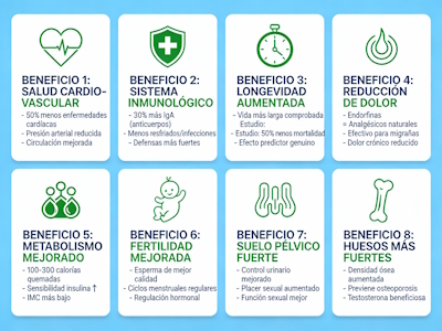Infografía mostrando beneficios físicos: corazón, sistema inmunológico, reducción dolor, metabolismo, fertilidad, longevidad, con estadísticas/porcentajes