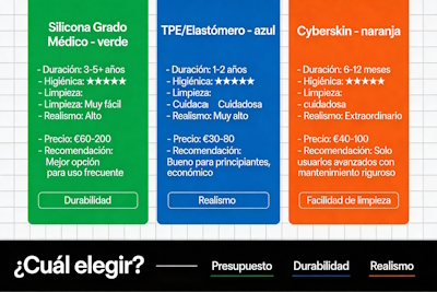 Comparativa 3 materiales: Silicona médica, TPE, Cyberskin. Con duración, higiene, limpieza, realismo, precio, recomendaciones.