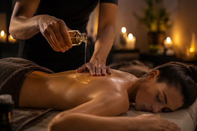 Detalle de manos aplicando aceite esencial en un masaje relajante y sensorial en ambiente de bienestar